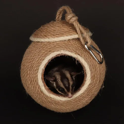 Vista 9 de Sugar Glider House - Cabaña de cuerda de cáñamo con cáscara de coco natural, nido para planeador de azúcar, hámster, ardilla, periquito de pájaro