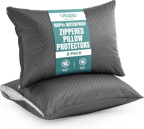 Vista 9 de Utopia Bedding Protectores de almohada impermeables de tela 3D Airsoft de alta calidad con cremallera, tamaño Queen (paquete de 2), fundas de Blanco