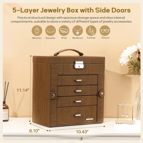 Vista 2 de Homde Caja de joyería enorme de cuero sintético, organizador de reloj con espejo, collar, anillo y aretes, caja de regalo con cerradura (marrón)
