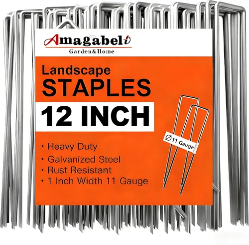 Vista 8 de AMAGABELI GARDEN & HOME Paquete de 50 grapas galvanizadas de 4 pulgadas para jardín, estacas de jardín de calibre 12, estacas de cubierta