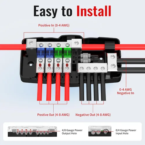 Vista 3 de Joinfworld Bloque de Distribución de Energía con Fusibles para Audio de Automóvil de 4 Vías MIDI (Mini-ANL) Bloque de Fusibles de 12V Calibre 0/4