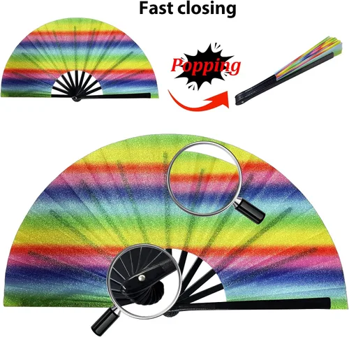 Vista 6 de Ventilador de mano plegable grande con purpurina de 13 pulgadas para hombres y mujeres, ventilador portátil de mano para festivales EDM, fiesta