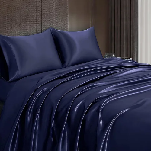 Vista 28 de Juego de sábanas de satén de 4 piezas con bolsillo profundo de 18 pulgadas, juego de ropa de cama de satén sedoso marrón camello de lujo con 1
