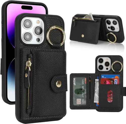 Vista 35 de Funda para iPhone 14 Plus con tarjetero, color negro Funda con cremallera y ranura para mujer y hombre