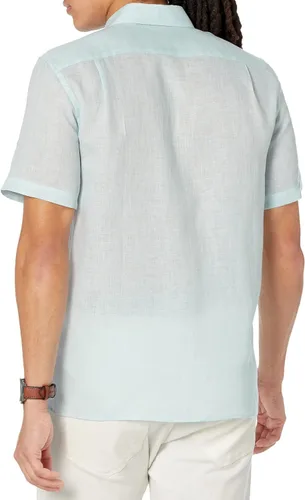 Vista 2 de Lacoste Contemporary Collection's - Camisa de manga corta para hombre, ajuste regular, de lino, con botones y bolsillo frontal