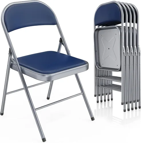 Vista 21 de VINGLI Paquete de 4 sillas plegables con asientos acolchados, marco de metal con asiento y respaldo de piel sintética, capacidad de 350 libras, Negro