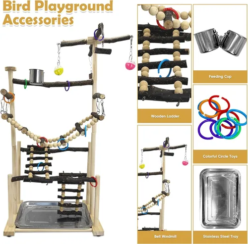 Vista 4 de kathson Parque infantil grande para pájaros, perca de madera natural, 4 capas, centro de actividades con perchas, escalera, juguetes para masticar