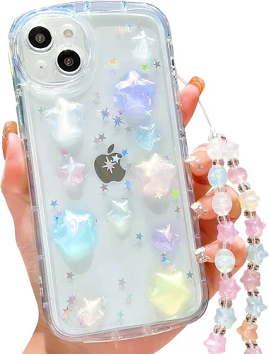 Vista 9 de Compatible con iPhone 11 Pro Funda Transparente Bonita con Diseño de Estrella con Purpurina en 3D con Perlas y Pulsera de Perlas, Diseño de Cadena