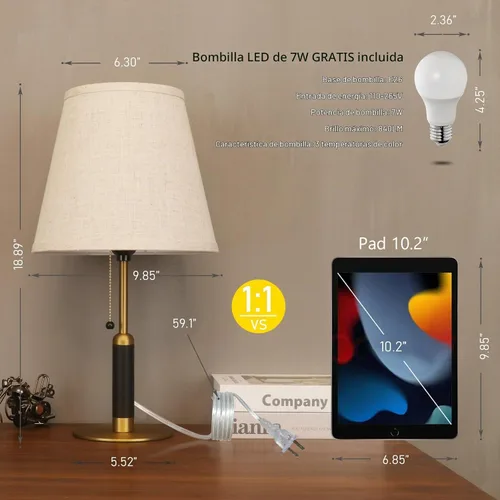 Vista 2 de 18.9" Modern Mid Century Table Lamp Pull Chain Bedside Lamps for Nightstand Lamp for Bedroom Living Room 3-Color Light Solid Wood/Metal/Fabric for