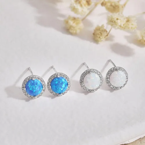 Vista 4 de Aretes de ópalo de oro de 14 quilates, aretes de ópalo con halo de moissanita, hermosos regalos navideños para ella, accesorio lujoso para mujeres
