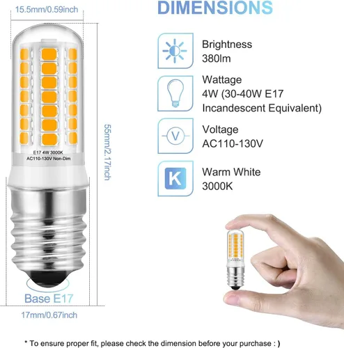 Vista 3 de KLG Bombilla LED E17 4W 3000K blanco cálido, no regulable, equivalente a halógeno de 40 W, base intermedia E17 para microondas, campana extractora