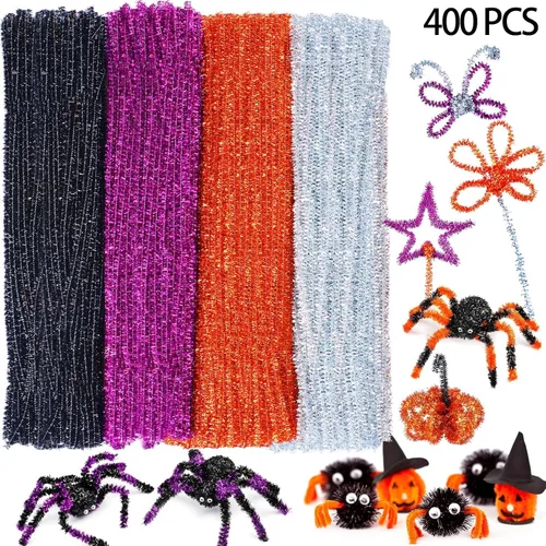 Vista 3 de 400 piezas de limpiapipas para Halloween, tallos de felpilla con purpurina, tallos de felpilla para arte creativo, decoración de Halloween, Acción