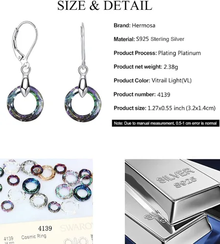 Vista 2 de 925 Sterling Silver Circle Earrings with Austria Crystal Leverback Dangle Earrings Hypoallergenic Jewelry for Women Mom