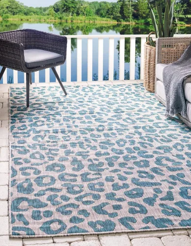 Vista 29 de Unique Loom colección Outdoor Safari Alfombra para exteriores - Leopardo (13' redonda, azul/gris)