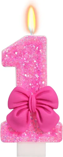 Vista 28 de Vela de cumpleaños para pastel, vela 0 - purpurina rosa con lazo, vela de feliz cumpleaños de 2.76 pulgadas, adorno superior de pastel para fiestas