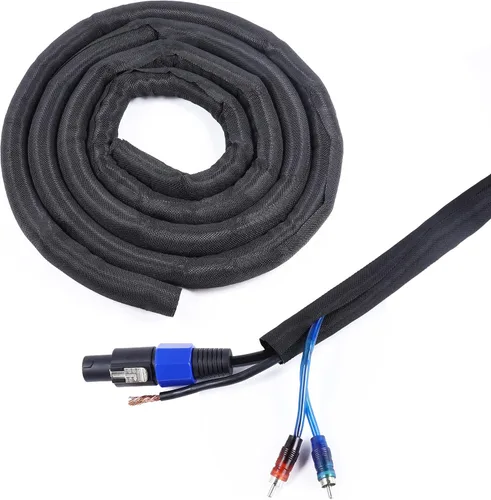 Vista 13 de Cable trenzado dividido negro de 1/2 pulgadas -12 pies de mangas de gestión Flexible Woven Braided Cover Self-Wrapping Wire Loom Cord Protector