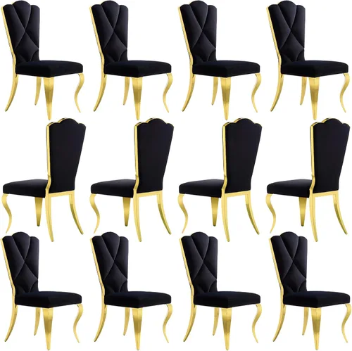Vista 16 de Juego de 2 sillas de comedor de terciopelo negro y dorado, sillas de cocina tapizadas con respaldo alto con patas de acero inoxidable pulido, sillas