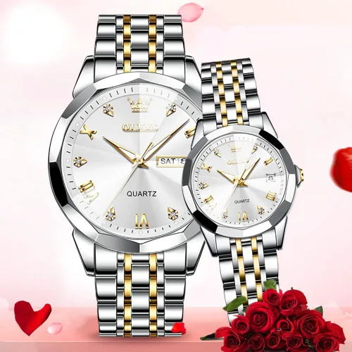 Vista 6 de OLEVS Reloj para parejas para él y ella, reloj analógico de cuarzo para hombres y mujeres, de acero inoxidable, impermeable, luminoso, fecha, reloj