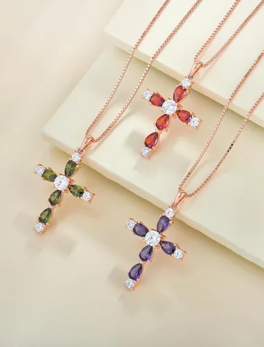 Vista 25 de YL Collar de cruz de plata de ley 925 con colgante de piedra natal religiosa para mujer