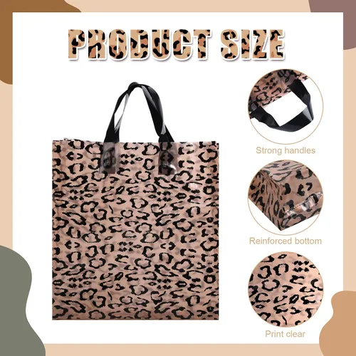 Vista 4 de Woanger 100 bolsas de compras de leopardo de plástico con estampado de guepardo, bolsa de regalo de leopardo para pequeñas empresas, fiesta