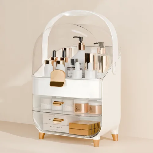 Vista 7 de Organizador de maquillaje para encimera con tapa y cajones, caja grande de exhibición de cosméticos para cuidado de la piel, soporte para escritorio