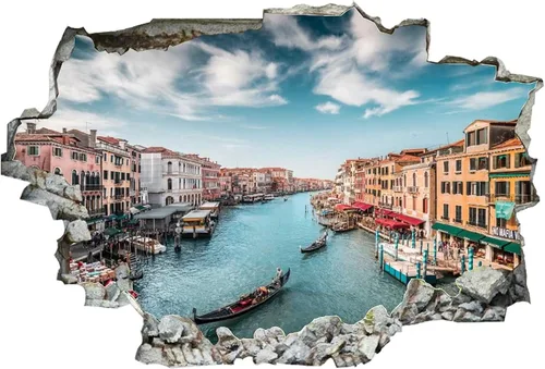 Vista 2 de Calcomanía de pared con diseño del canal de Venecia de Barcos Italia, diseño de paisaje 3D, extraíble, PVC, divertido arte de pared, decoración