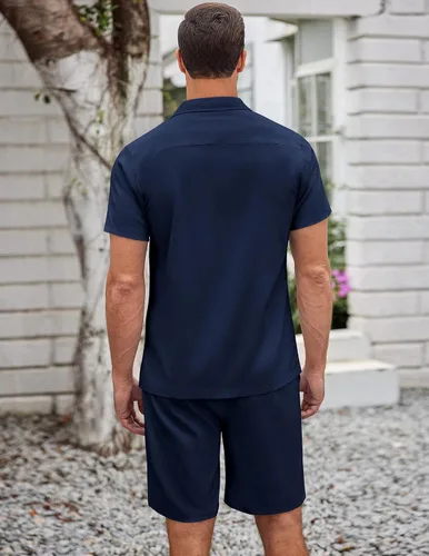 Vista 4 de COOFANDY Conjunto de 2 piezas para hombre, camisas de manga corta con botones, trajes casuales de playa