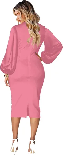Vista 3 de Beverly Vestido de tubo ajustado para mujer, de manga larga, elegante, con lazo, para trabajo, oficina, cóctel, fiesta, vestido de tubo
