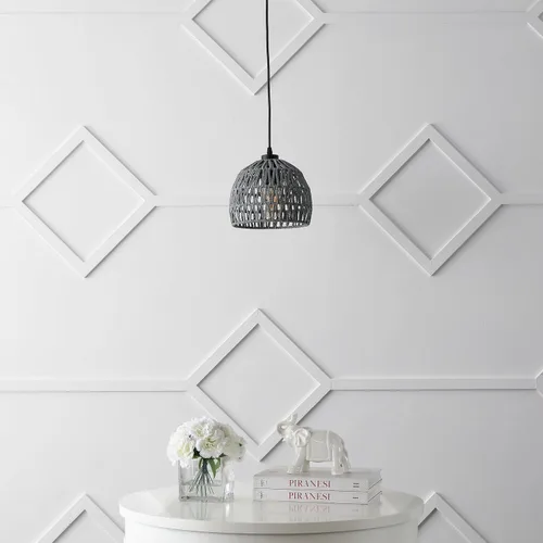 Vista 7 de JONATHAN Y Lámpara colgante LED de cuerda tejida bohemia moderna gris de 8.25 pulgadas, lámpara de techo de cúpula ajustable para isla de cocina
