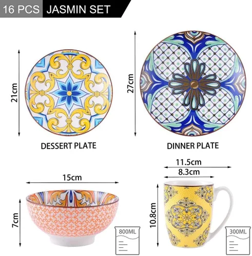 Vista 2 de Unknown1 Juego de vajilla de porcelana bohemia (servicio para 4), multicolor, floral, bohemio, moderno, contemporáneo, redondo, de gres de 16