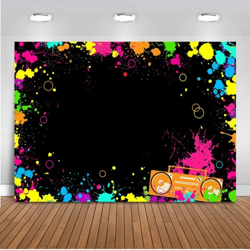 Vista 4 de Avezano Let's Glow Splatter - Fondo de fotos de neón brillante, 6 x 4 pies, luz negra, discoteca, retro, suministros de decoración de fiesta