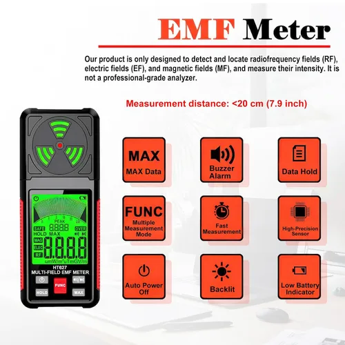 Vista 2 de Medidor EMF, detector de radiación de campo electromagnético portátil 3 en 1, probador EMF de mano para EF, RF, MF, señal WiFi, detector