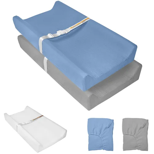 Vista 11 de Cambiador de muselina para bebé, paquete de 2 fundas de muselina de algodón suave y forro impermeable de espuma, almohadilla para mesa cambiadora