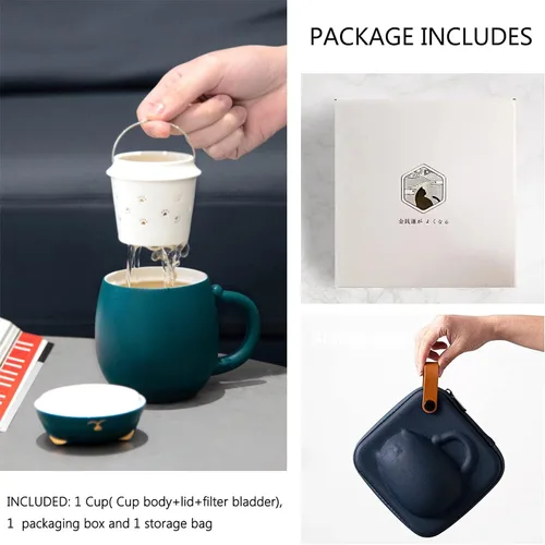 Vista 5 de Liywall - Taza de té de cerámica con infusor y tapa, colador de taza de té de porcelana hecho a mano con diseño de gato con estuche de Verde