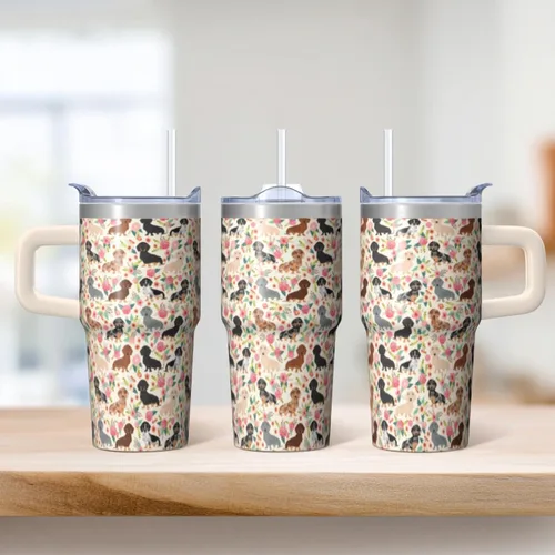 Vista 2 de Dachshund - Vaso de viaje aislado de acero inoxidable de 20 onzas con asa y pajilla, regalo para mujer, para el Día de la Madre, a prueba de fugas