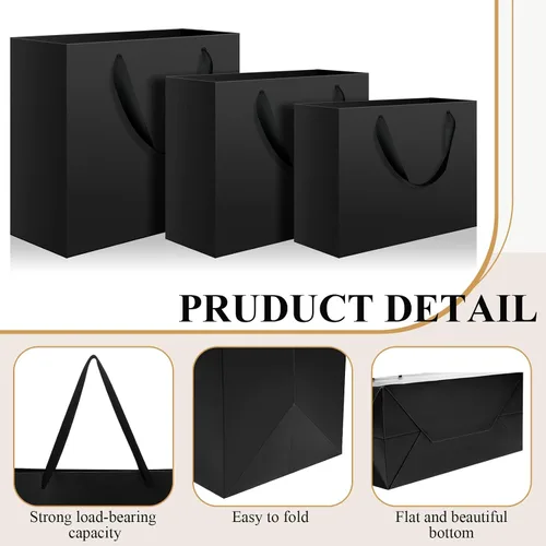 Vista 3 de Lincia 60 bolsas de papel negras con asas, tamaños surtidos grandes de 11 pulgadas, medianas de 8 pulgadas, pequeñas 7 pulgadas, bolsas de regalo
