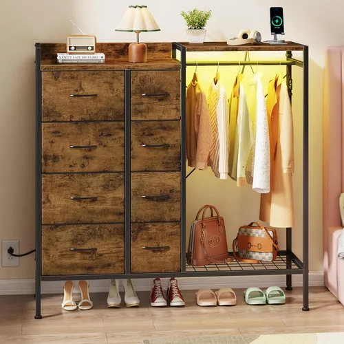 Vista 11 de HIGDBFE Cómoda con estante para colgar, cómoda de 8 cajones para dormitorio con estación de carga y luces LED, cómoda de tela con zapatero, cómoda