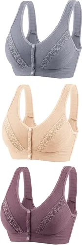 Vista 14 de Glamorette Snap Front Bra Older Women,Snap Front Bra, Sexy Lace Embroidered Bras,Pull-On Front Closure Button Bras 3 unidades de color negro.