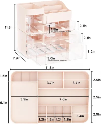 Vista 2 de SuoXing Organizador de maquillaje para tocador, organizador de maquillaje grande con 6 cajones para mostrador, organizador de almacenamiento de Rosa