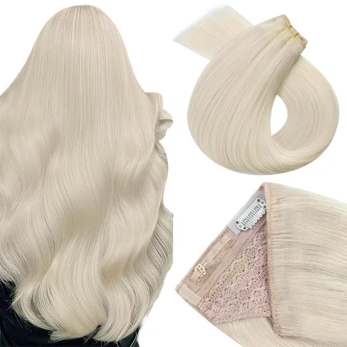 Vista 27 de Easyouth Extensión de cabello humano rubio con cola de caballo, extensiones de cabello humano rubio dorado con reflejos rubios, extensiones