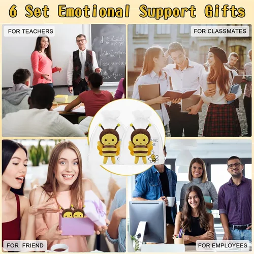 Vista 7 de RoundFunny 6 juegos de llaveros de abeja de peluche de 5 pulgadas con tarjetas inspiradoras y bolsas de organza para bodas, regalos de fiesta