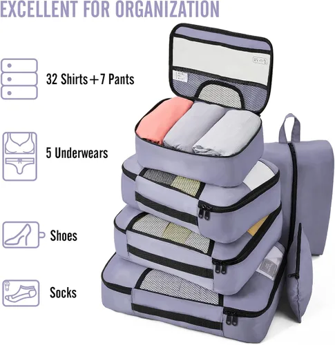 Vista 5 de Veken Juego de 8 cubos de embalaje para artículos esenciales de viaje, bolsas organizadoras de maleta en 4 tamaños, accesorios de equipaje de mano