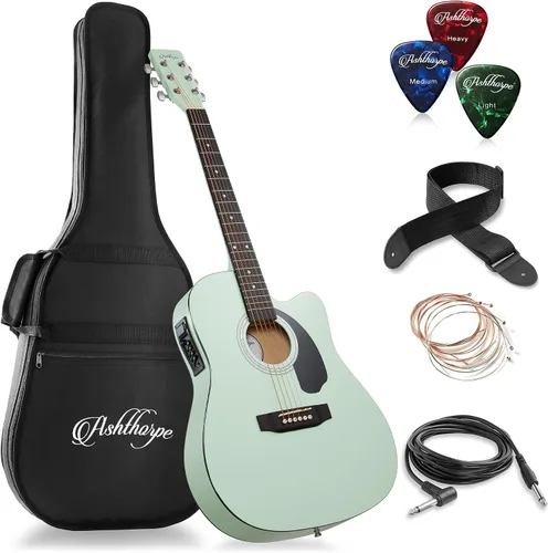 Vista 10 de Ashthorpe - Paquete de guitarra electroacústica estándar con diseño delgado con corte - de madera Tonewood de primera calidad Negro