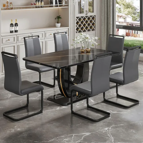 Vista 19 de JUFU Moderno juego de mesa de cocina y comedor, mesa rectangular con parte superior de mármol sintético, 63 pulgadas, color negro, 4 sillas