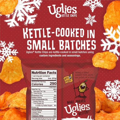 Vista 3 de UGLIES Patatas fritas cocidas en hervidor de agua, aperitivos sin gluten, patatas fritas Kosher, aperitivos sin OMG para niños u oficina, bolsas