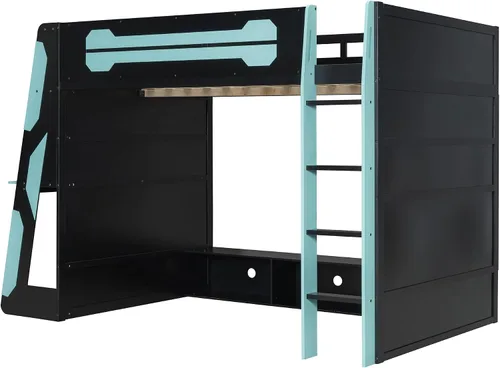 Vista 6 de Cama loft para juegos, cama alta de madera tamaño matrimonial con escritorio, estantes de almacenamiento múltiple y LED, azul nube