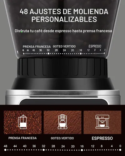Vista 3 de AMZCHEF Molinillo de Café, Molinillo de Granos de Café con Rebaba para Uso Doméstico con 48 Configuraciones de Molienda Precisas, Embudo Desmontable