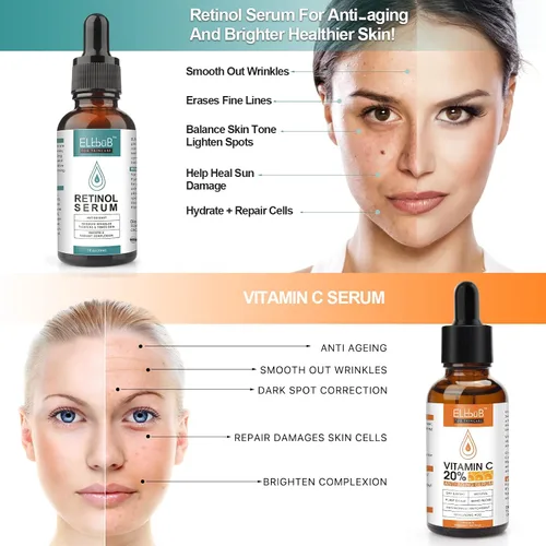 Vista 2 de Suero de retinol de vitamina C antienvejecimiento Day-Night para cara con retinol y aminoácidos, aumenta el colágeno de la piel, hidrata y rellena
