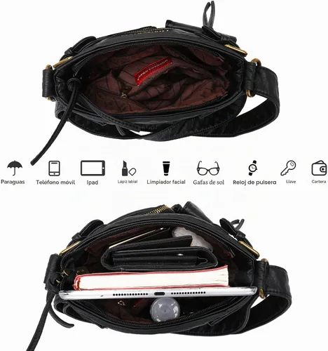 Vista 6 de Montana West Crossbody Bag for Women Soft Washed Leather Multi Pocket Negro