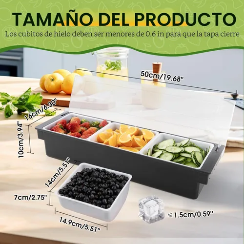 Vista 2 de Bandeja con tapa para frutas, verduras y condimentos con estación de guarnición para bartending y servicio de tacos (2, 3 compartimentos)